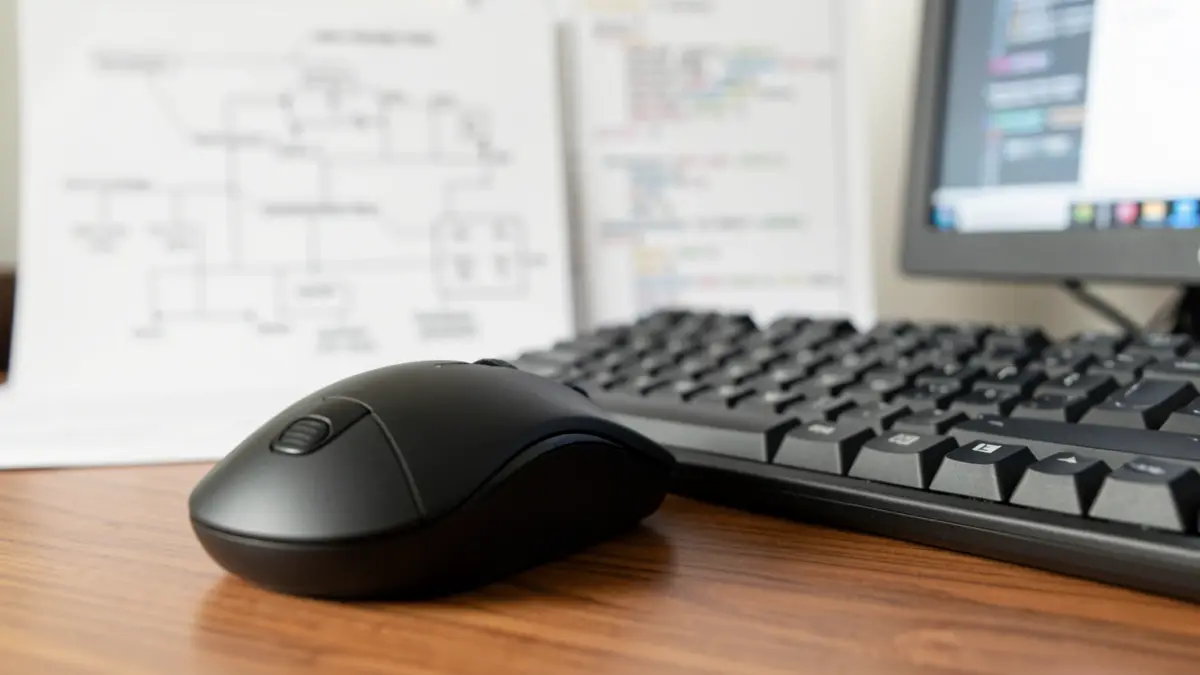 Generic image of a computer keyboard and mouse on a desk with blurred technical diagrams.