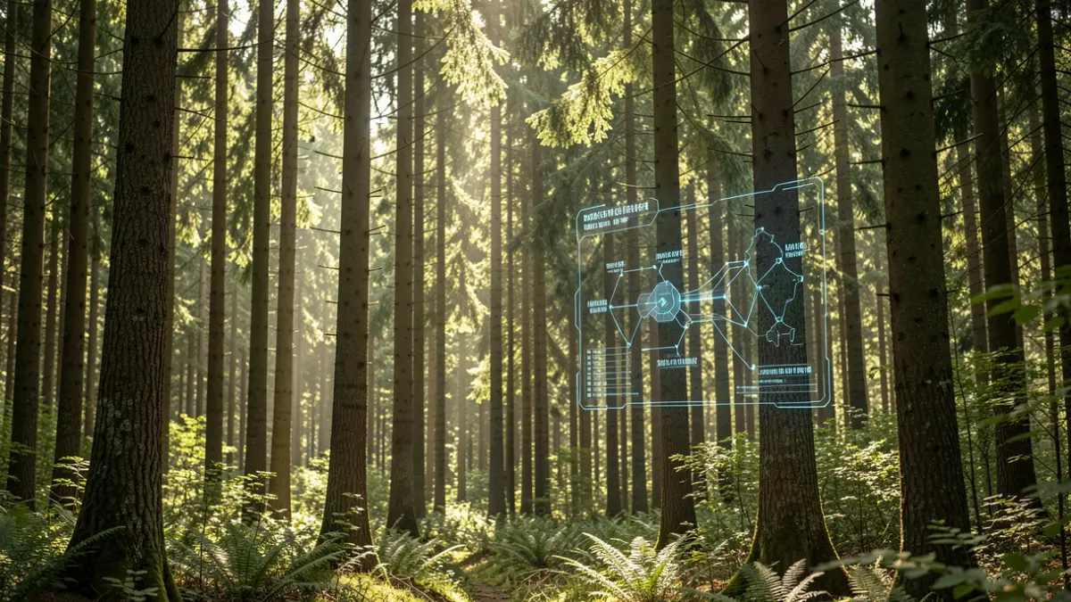A dense forest with tall trees, sunlight filtering through the canopy, and a subtle hint of digital technology.