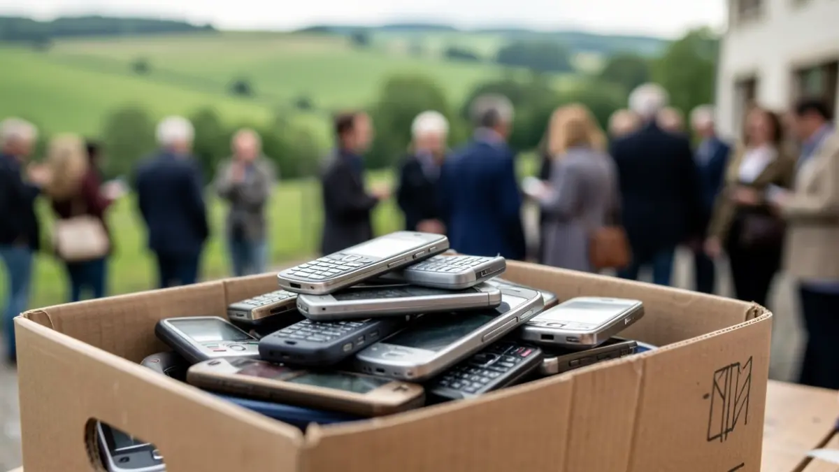Close-up of a collection box with old mobile phones, blurred Euskadi landscape in the background.