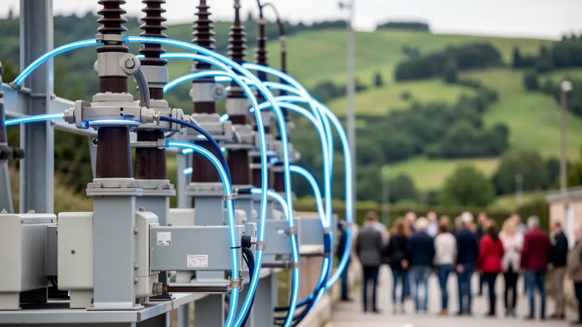 Imagen genérica: Subestación eléctrica moderna situada en colinas verdes del País Vasco, con líneas de energía azul brillante.