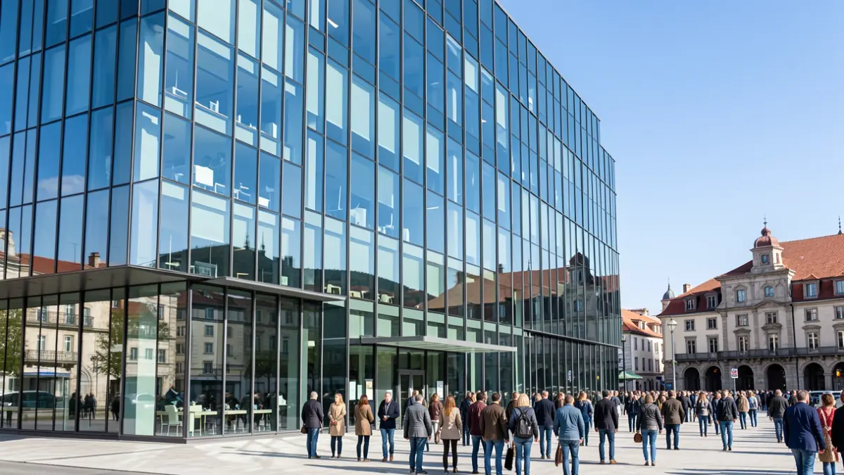 Generic image: Facade of a modern office building promoting international business.