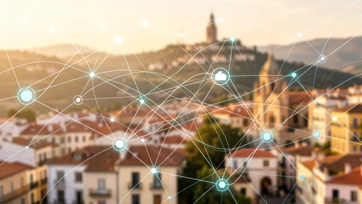 Imagen genérica de transformación digital con elementos abstractos y un toque paisajístico catalán.
