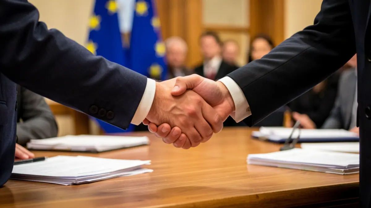 Generic image of two people reaching an agreement in an office.