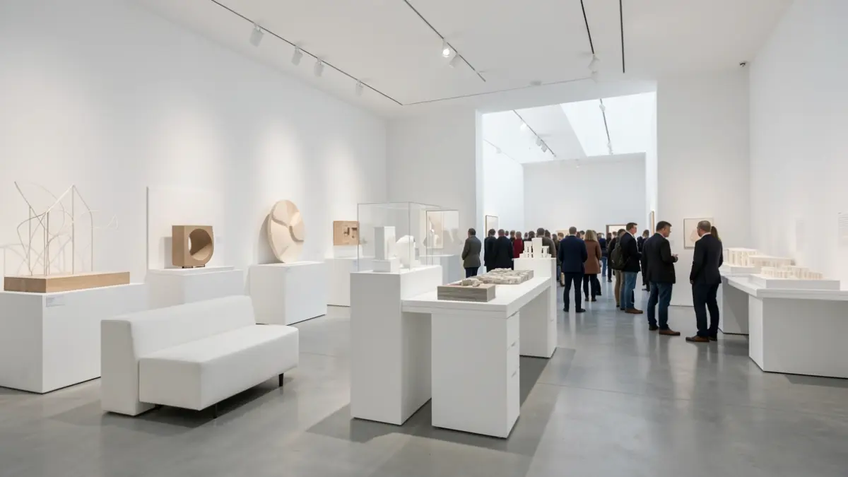 Generic image of a modern exhibition space, showcasing abstract design elements and architectural models.
