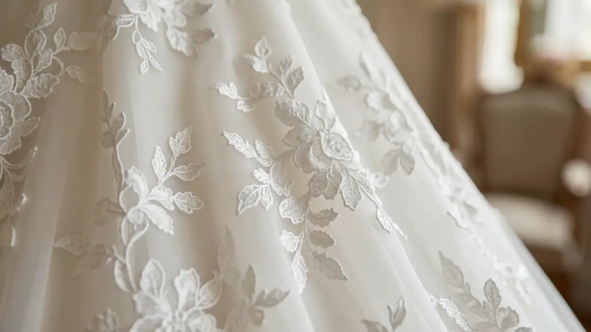 Close-up of wedding dress fabric with intricate lace.
