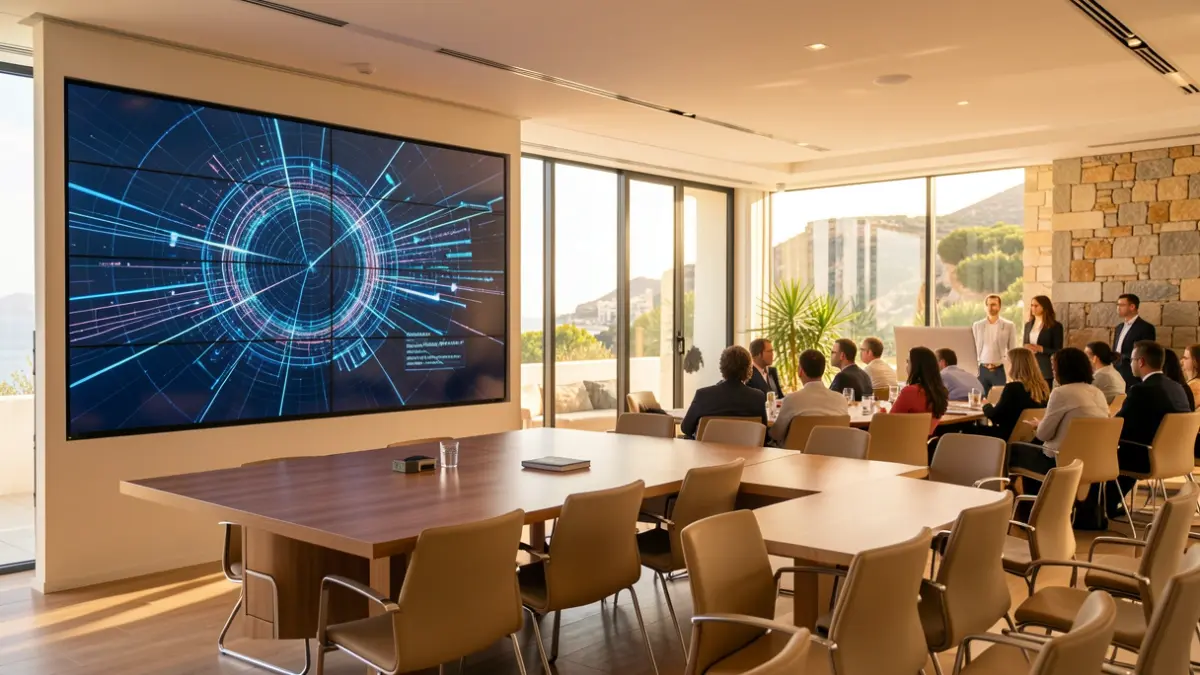 Imagen genérica de una sala de conferencias con pantalla mostrando gráficos de IA.