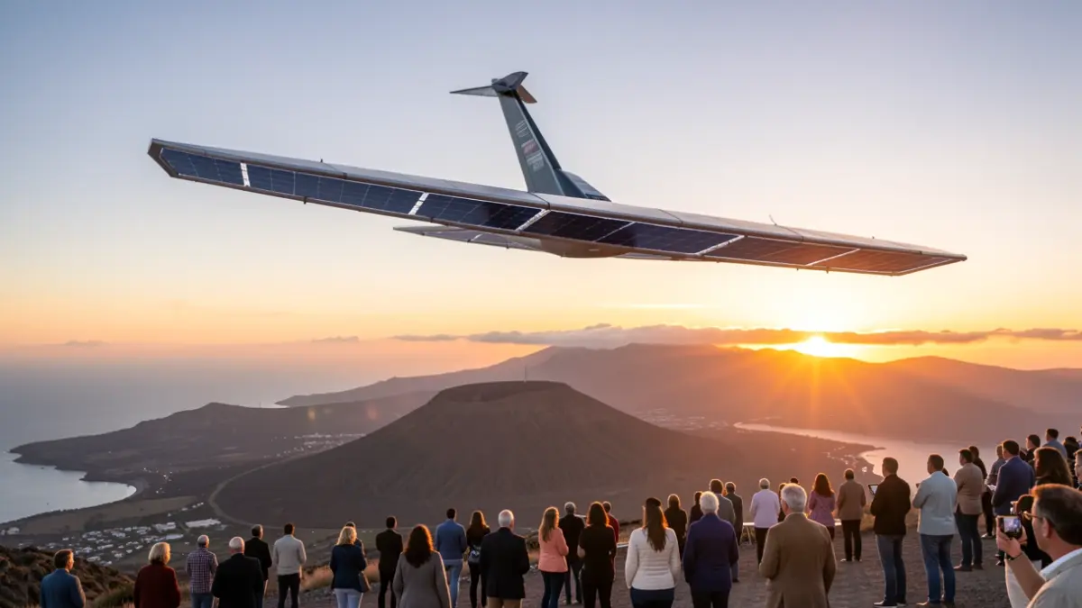 Un pseudosatélite solar vuela sobre Fuerteventura al atardecer.