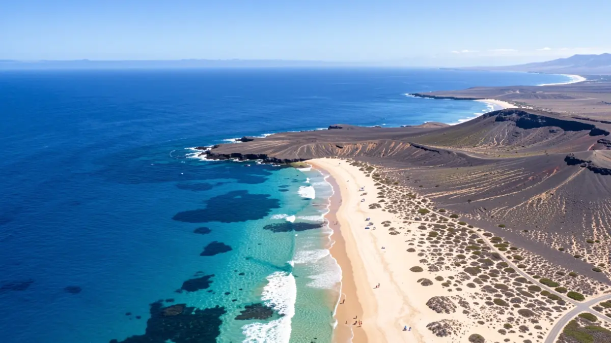 Aerial view of Fuerteventura coastline with volcanic landscape and beaches.