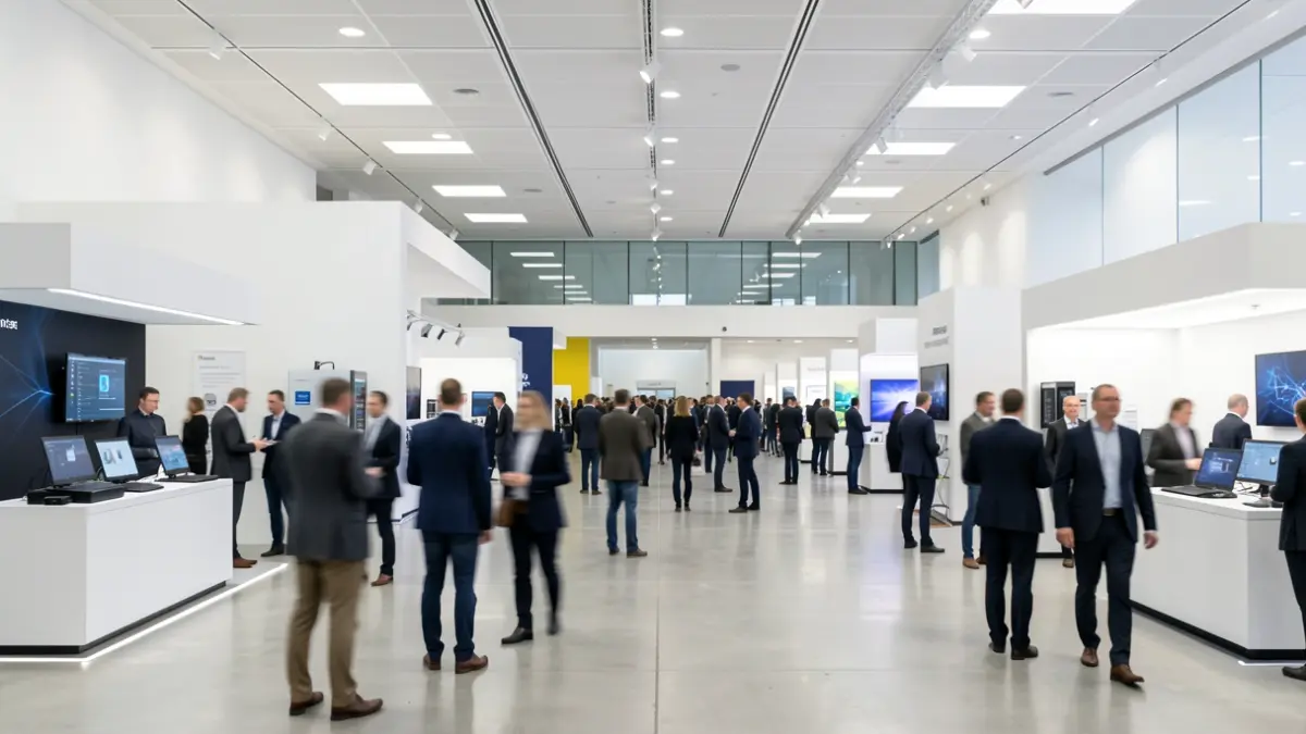 Imagen genérica de una sala de exposiciones moderna con stands de tecnología y figuras difuminadas.