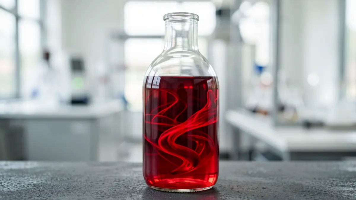 Primer plano de una botella de vidrio con un líquido rojo vibrante en su interior, con sutiles indicios de polifenoles similares al vino arremolinándose. La botella se encuentra sobre una superficie oscura y texturizada, con una luz suave y difusa que resalta sus contornos. El fondo está desenfocado, sugiriendo un laboratorio o una moderna planta de producción. La estética general es limpia, científica y sofisticada, evocando salud e innovación.