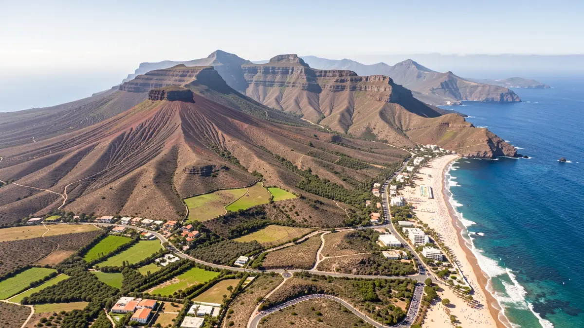 Aerial view of Gran Canaria island with its volcanic landscapes, green valleys, and coasts.