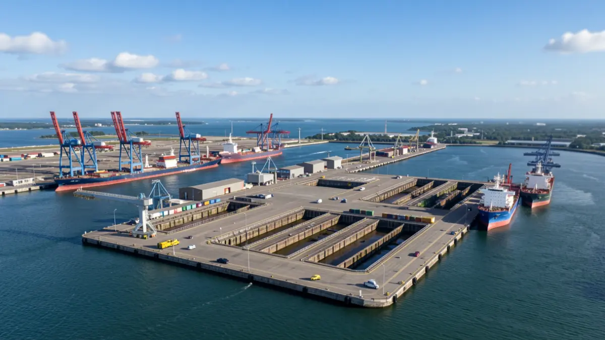 Vista aérea de una zona portuaria industrial con grúas y barcos atracados.