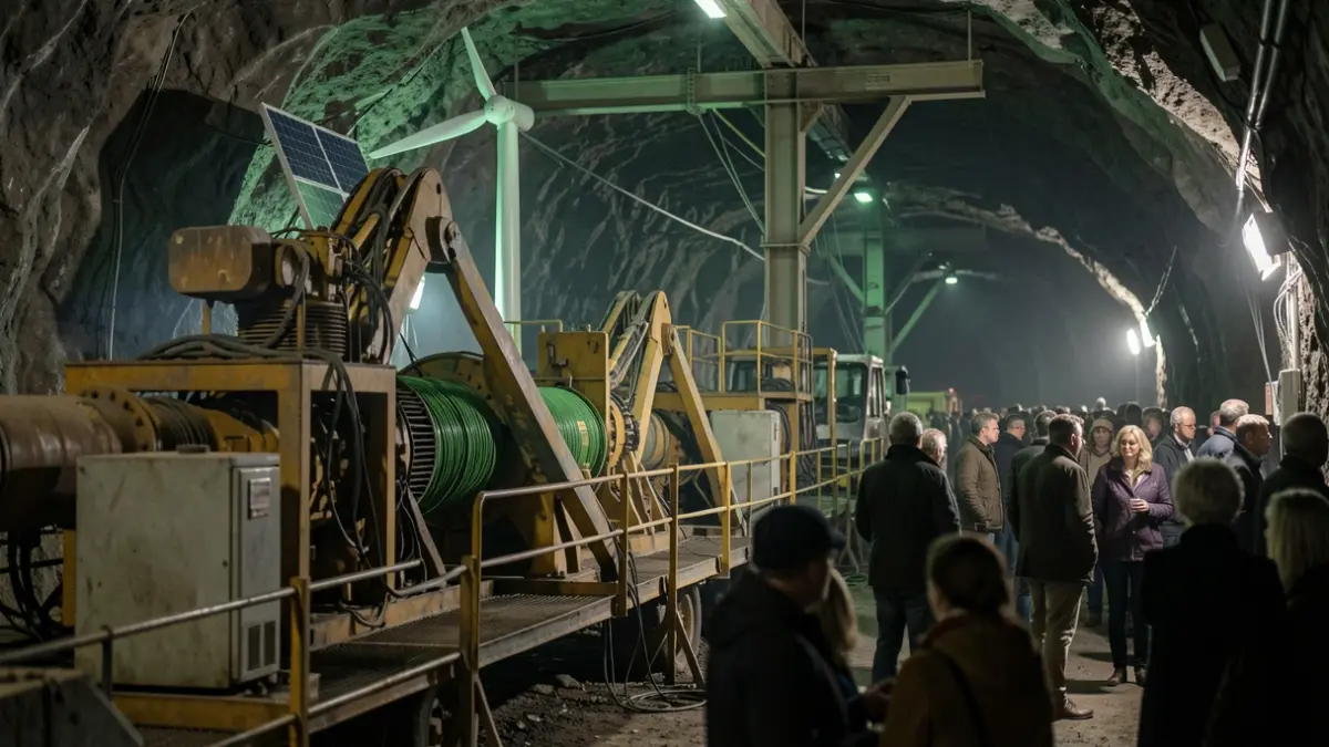 Image of industrial machinery and green energy elements in a mine.