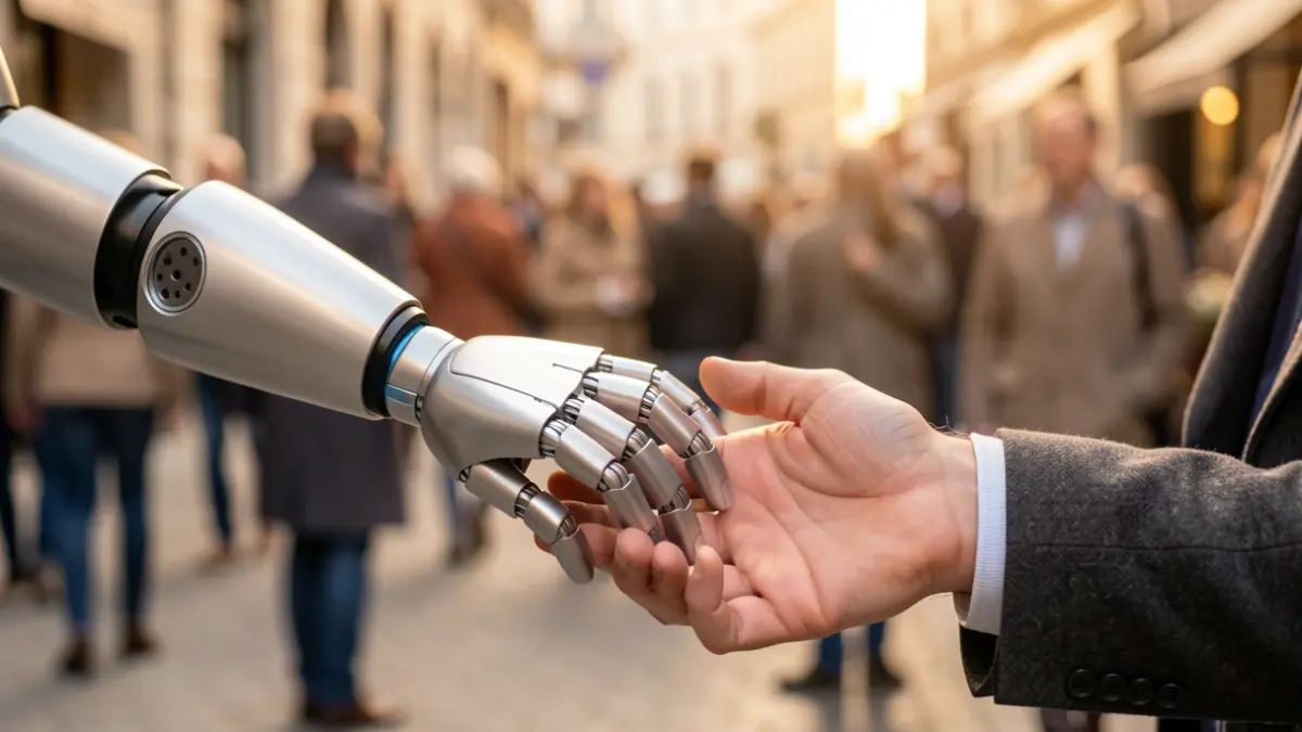 Primeira plana dunha man robótica tocando suavemente unha man humana, simbolizando a conexión entre tecnoloxía e benestar humano.