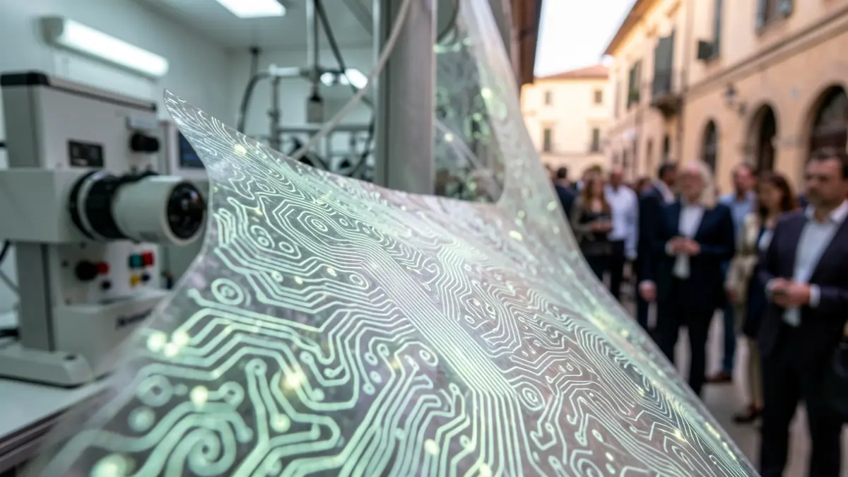 Detail of a self-repairing material with organic patterns and internal light, with laboratory and Mediterranean architecture in the background.