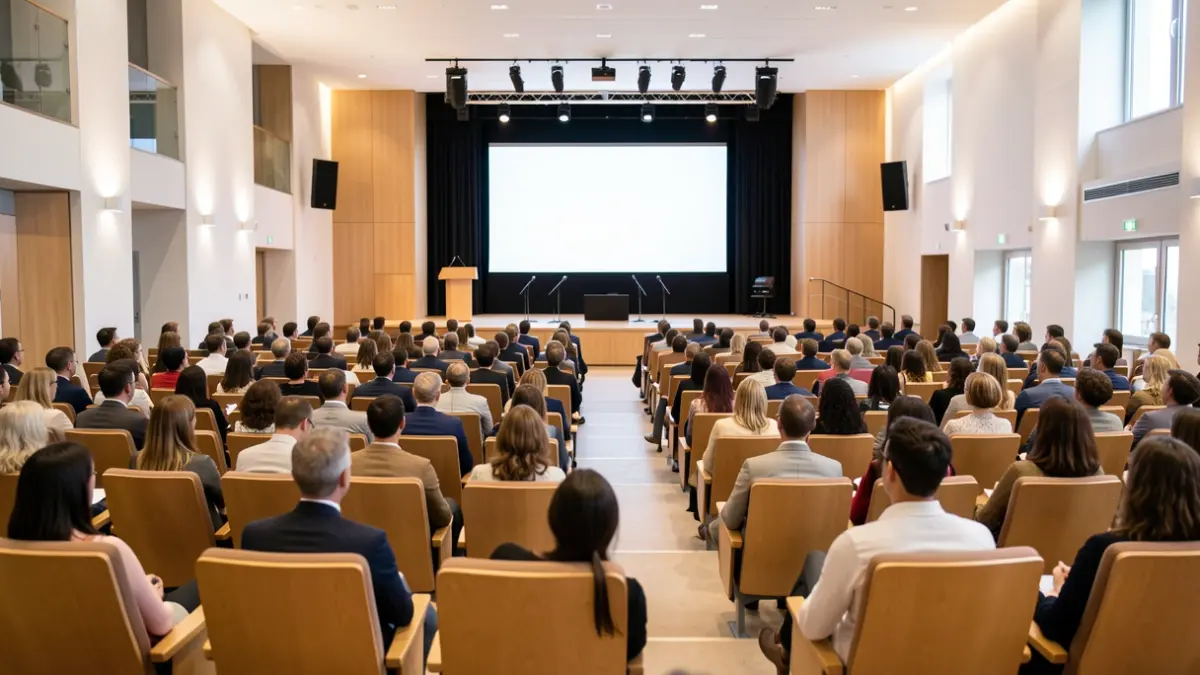 Imagen genérica de un auditorio moderno con tecnología para un evento empresarial.