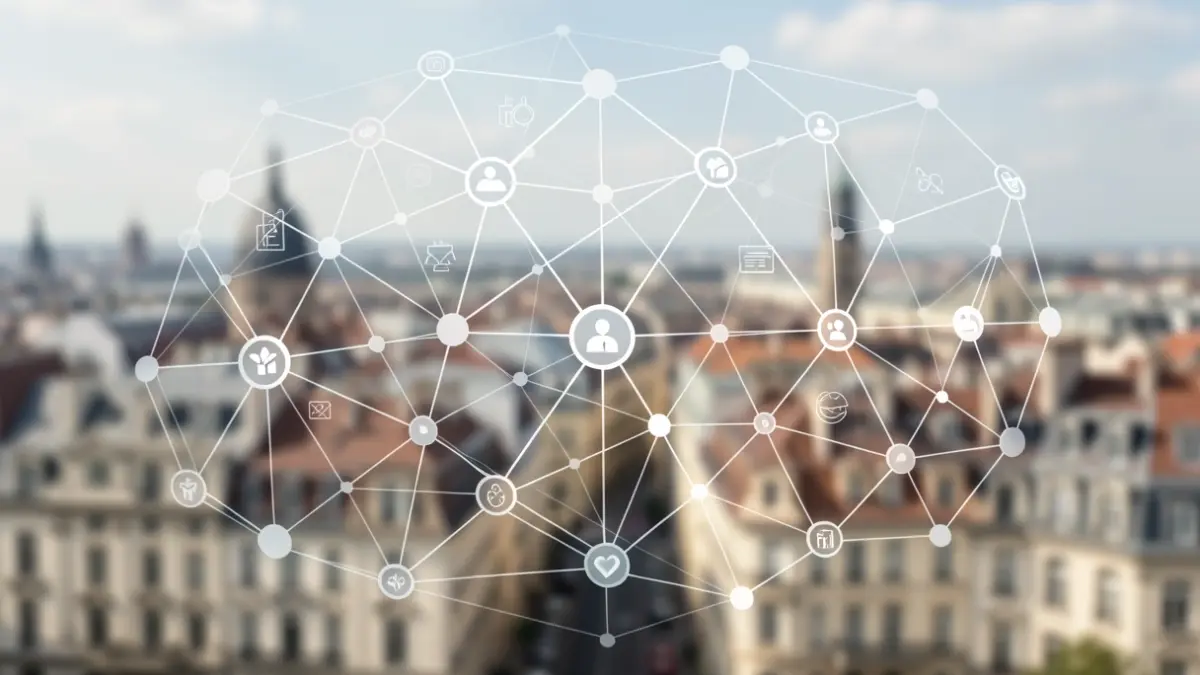 Abstract image of interconnected data nodes forming a network with subtle medical symbols.
