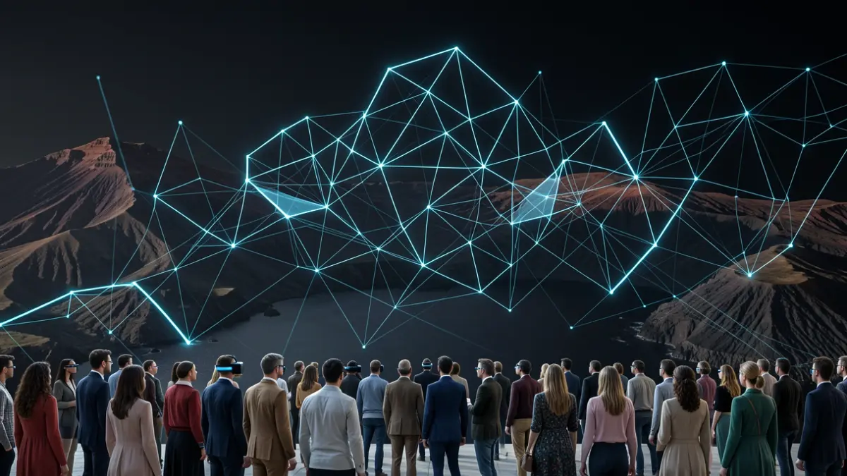 Abstract representation of virtual and augmented reality with digital geometric shapes.