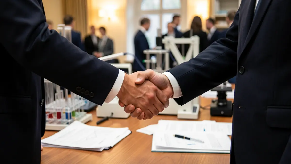 Image of two hands shaking over a desk with research documents.