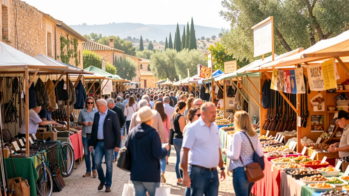 Imagen genérica de una feria de caza y pesca en Andalucía con expositores y público.
