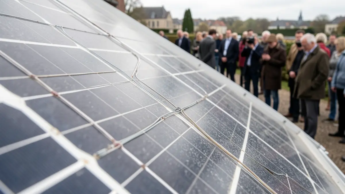 Primer plano de un panel solar fotovoltaico con detalles de su superficie y cableado.