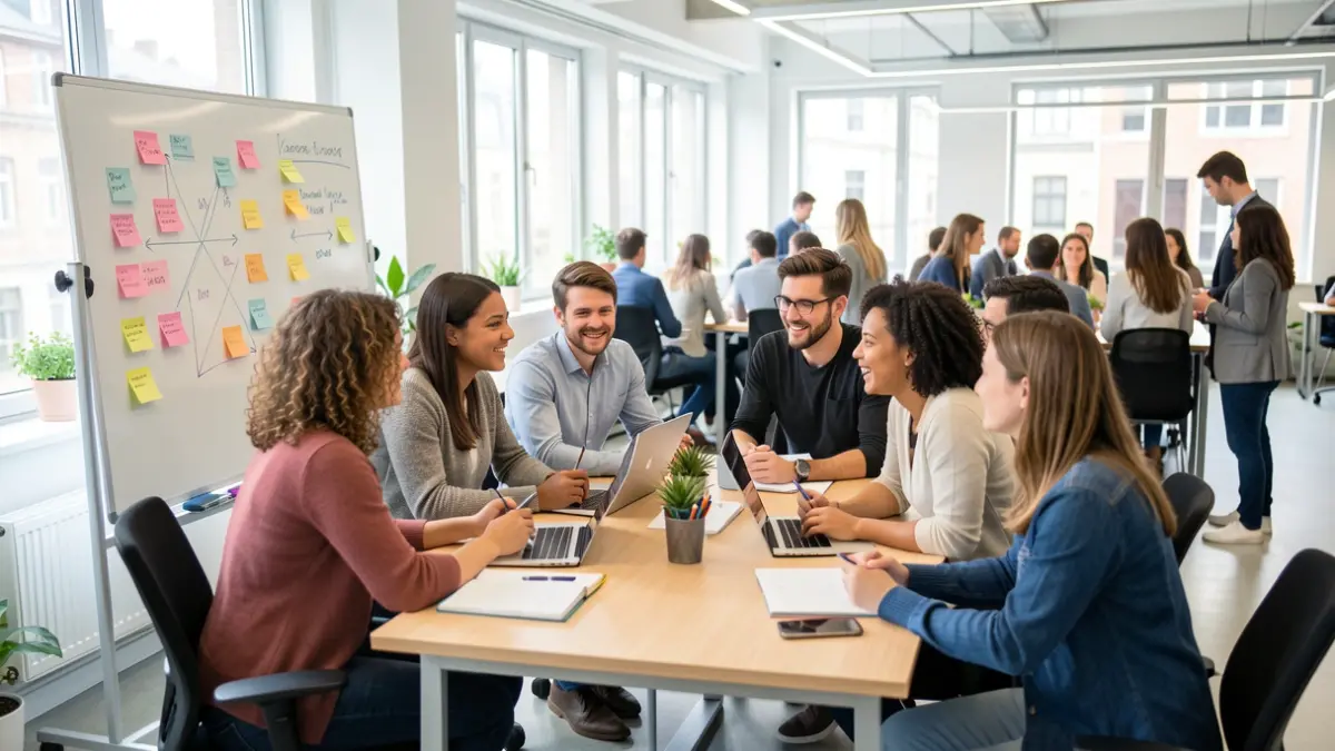 A work group collaborating around a table, representing entrepreneurship and teamwork.