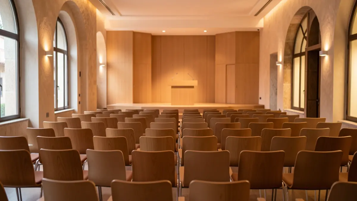 Imagen genérica de un salón de actos moderno en Andalucía con sillas vacías y un escenario.