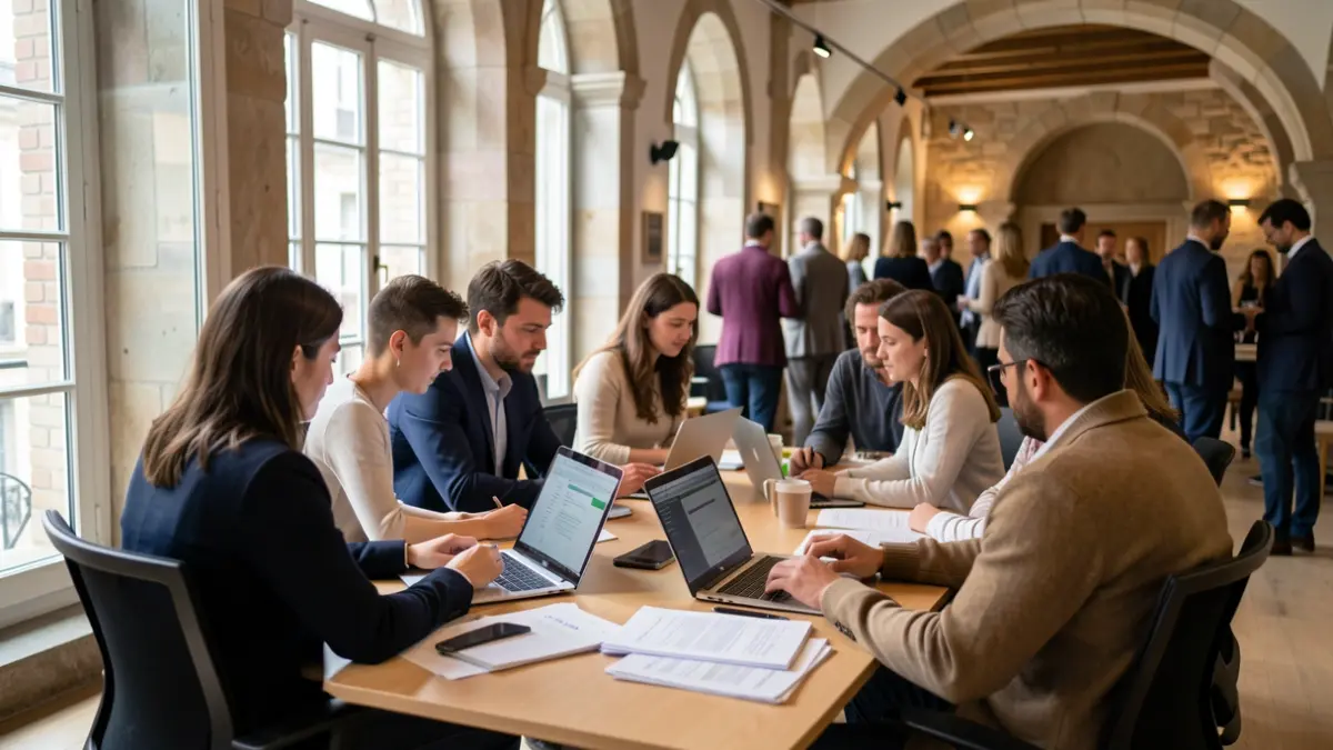 Generic image: Modern workspace with blurred figures of people collaborating at a table, with laptops and documents.