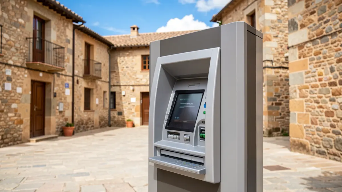 Imagen de un cajero automático instalado en una plaza de pueblo con arquitectura tradicional.