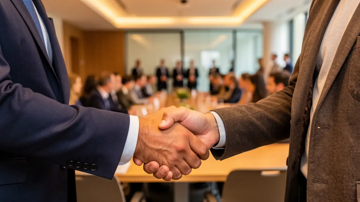 Generic image of two people shaking hands in a business meeting.