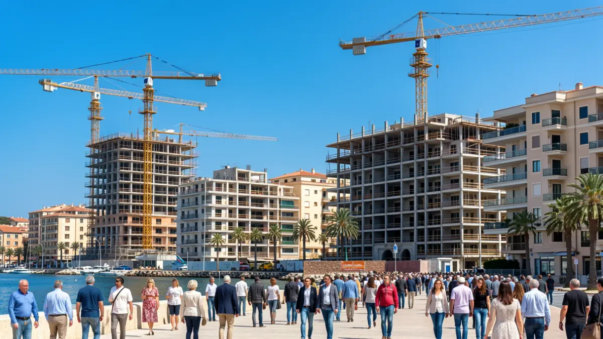 Imagen genérica de grúas de construcción y edificios residenciales en desarrollo en una ciudad costera mediterránea.