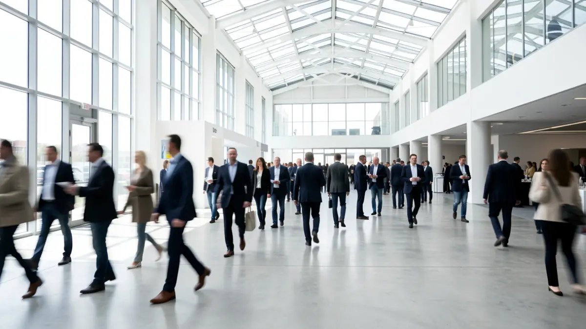 Generic image of an exhibition hall with attendees walking.
