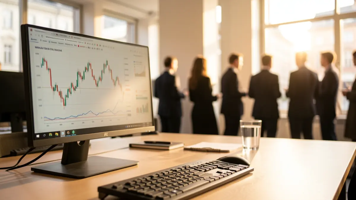 Imagen genérica de una oficina con gráficos financieros en una pantalla.
