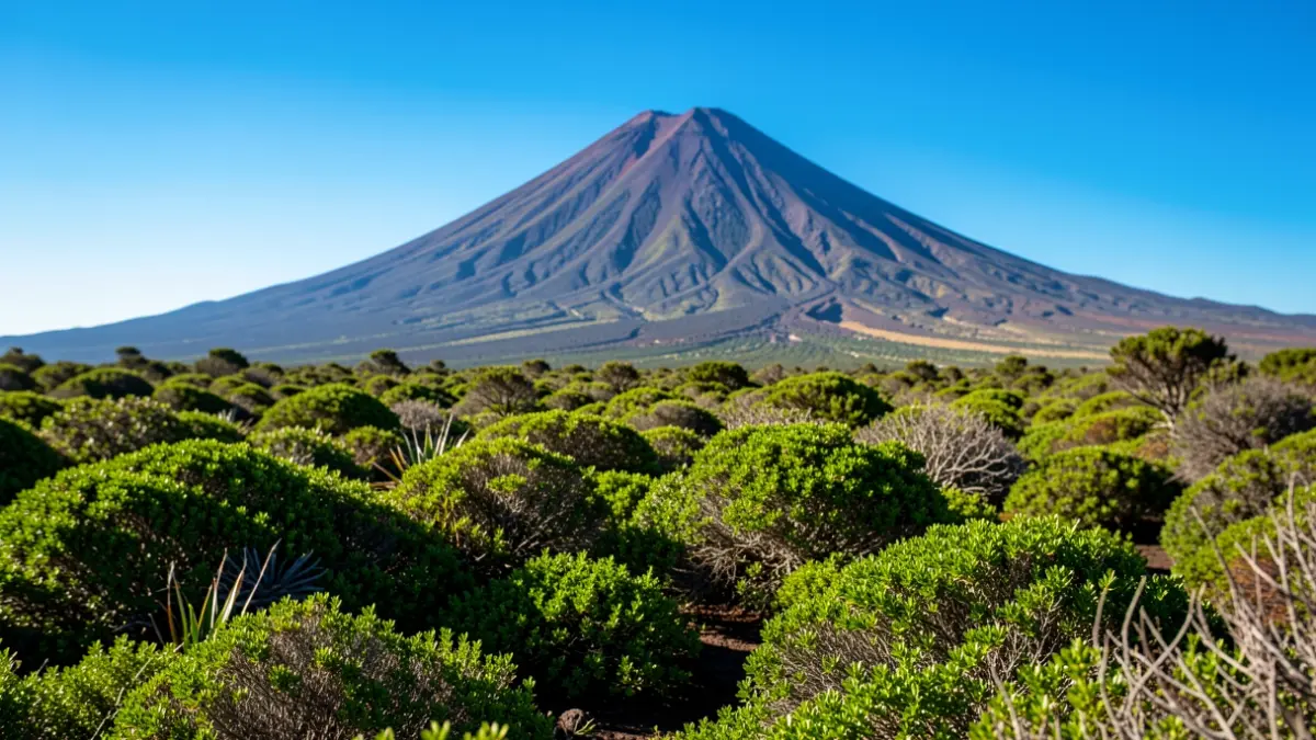 Canarias volcanic landscape with Teide in the background and lush vegetation.