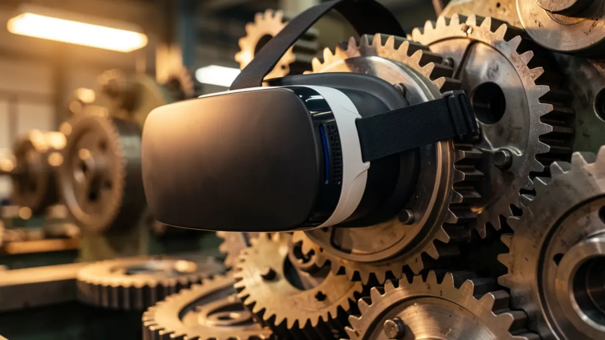 Imagen genérica de realidad virtual y engranajes industriales.