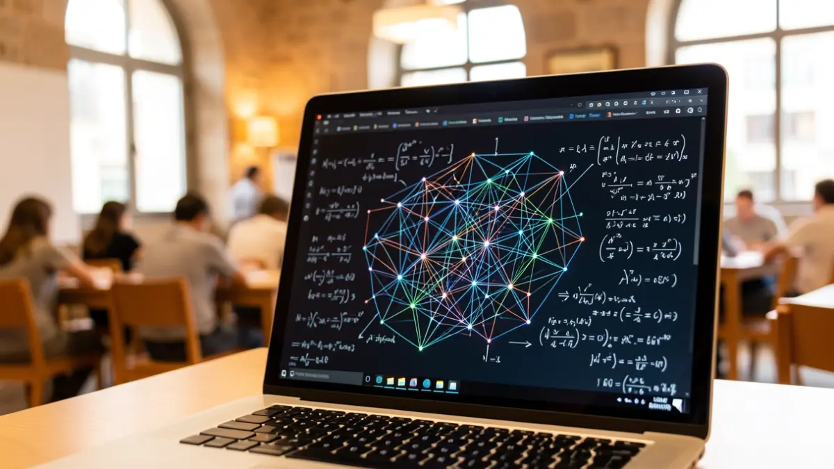 Imagen de un portátil mostrando gráficos de inteligencia artificial y ecuaciones matemáticas en un aula universitaria.
