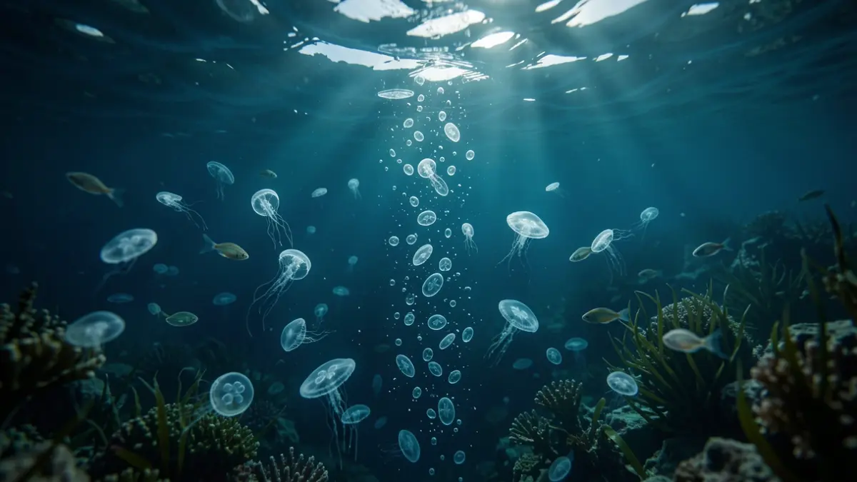 Imagen de plancton marino bajo la luz lunar y moléculas de CO2 descendiendo.
