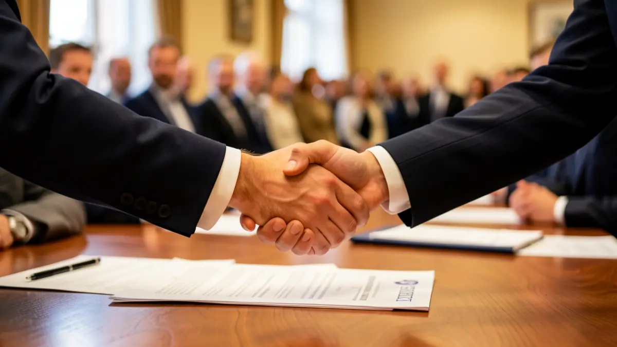 Generic image of two hands shaking over a desk with academic documents.