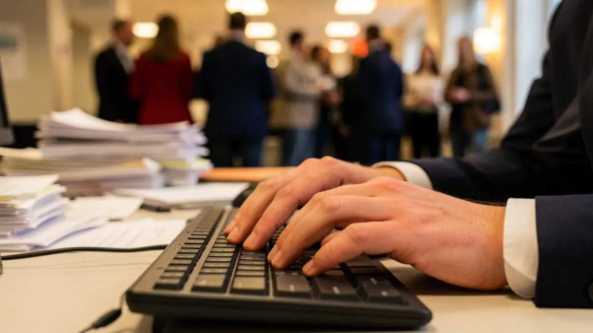 Generic image of an office desk with hands on the keyboard.