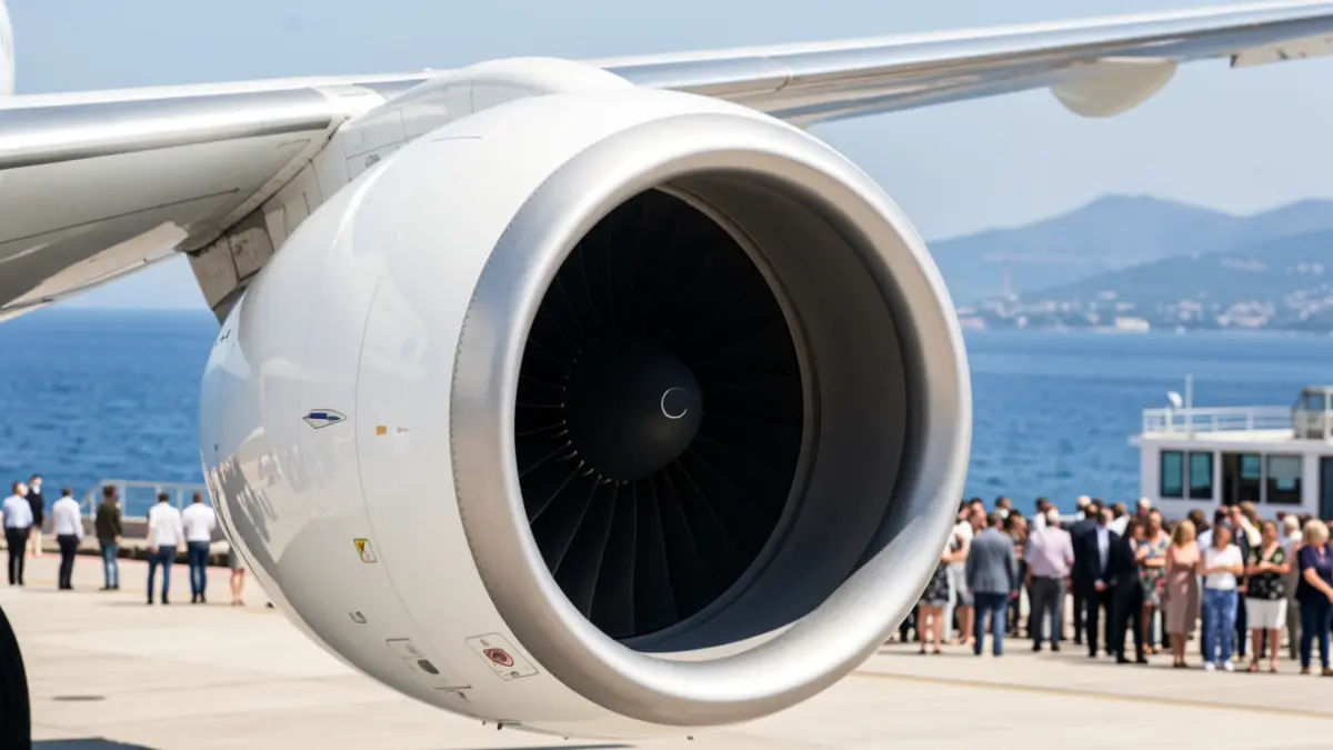 Generic image of a commercial airplane engine with the Mediterranean Sea in the background.