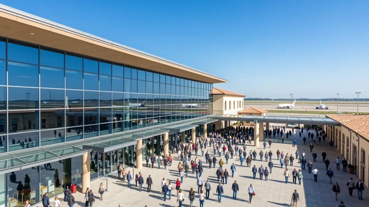 Imagen genérica de un aeropuerto moderno con cielo azul.