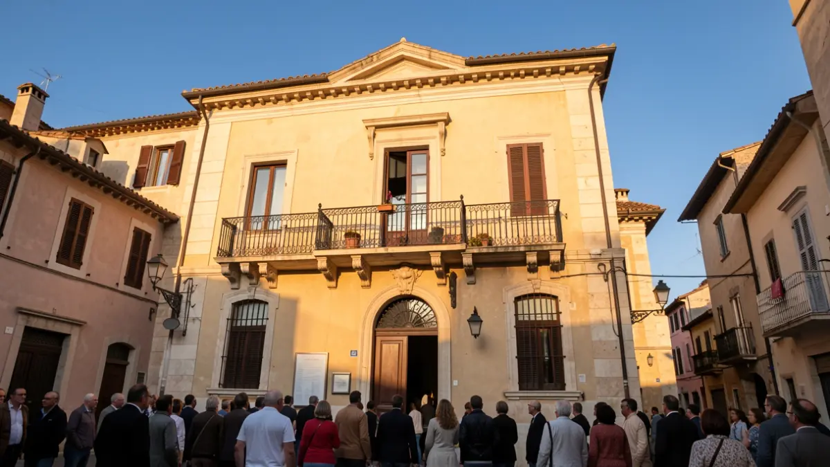 Imagen genérica de la fachada de un ayuntamiento mediterráneo con balcón y cielo azul.