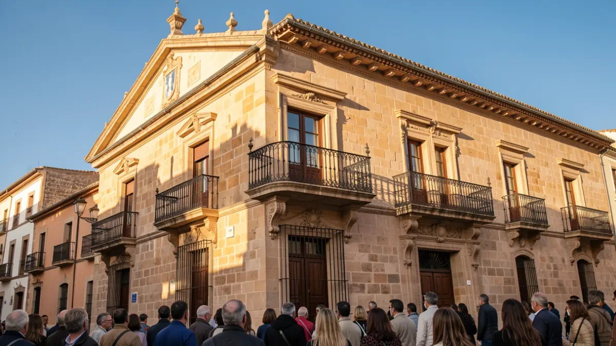 Facade of an Andalusian town hall with balcony and iron railings, warm afternoon light.