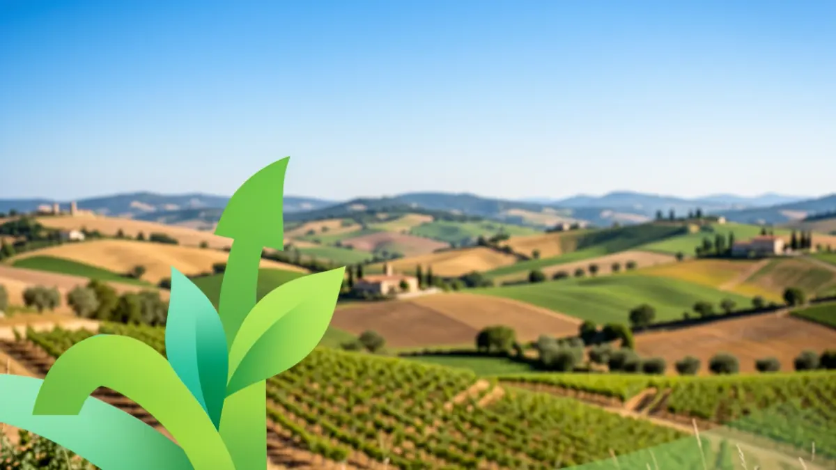 Imagen genérica de paisaje agrícola con elementos gráficos de innovación.