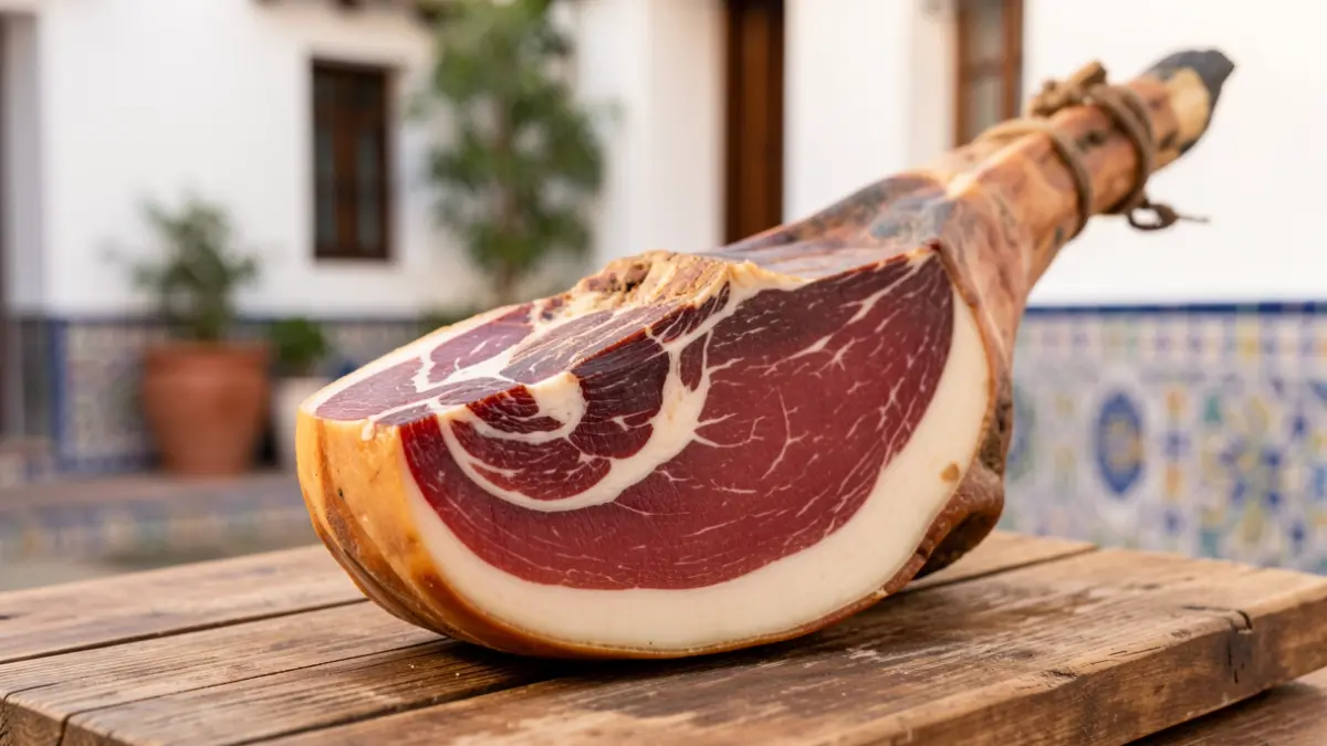 Primer plano de una pata de jamón ibérico de Los Pedroches, con detalles de su curación y marmoleado, sobre una tabla de madera rústica.