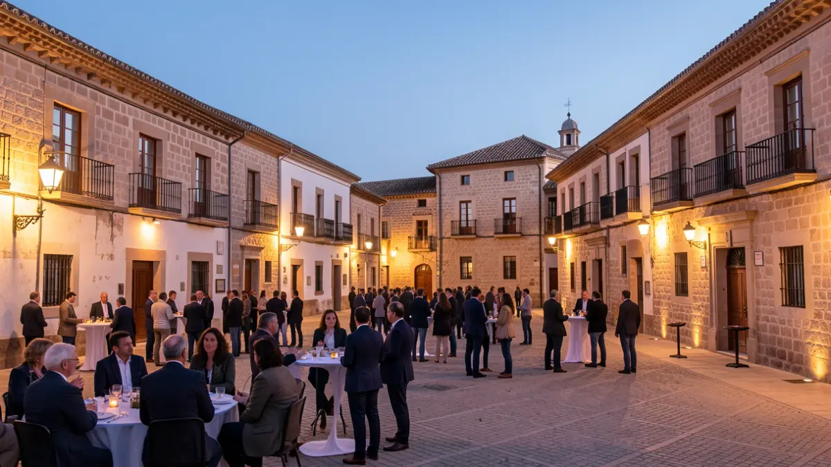 Imatge genèrica d'una plaça d'un poble andalús al capvespre amb edificis històrics il·luminats.