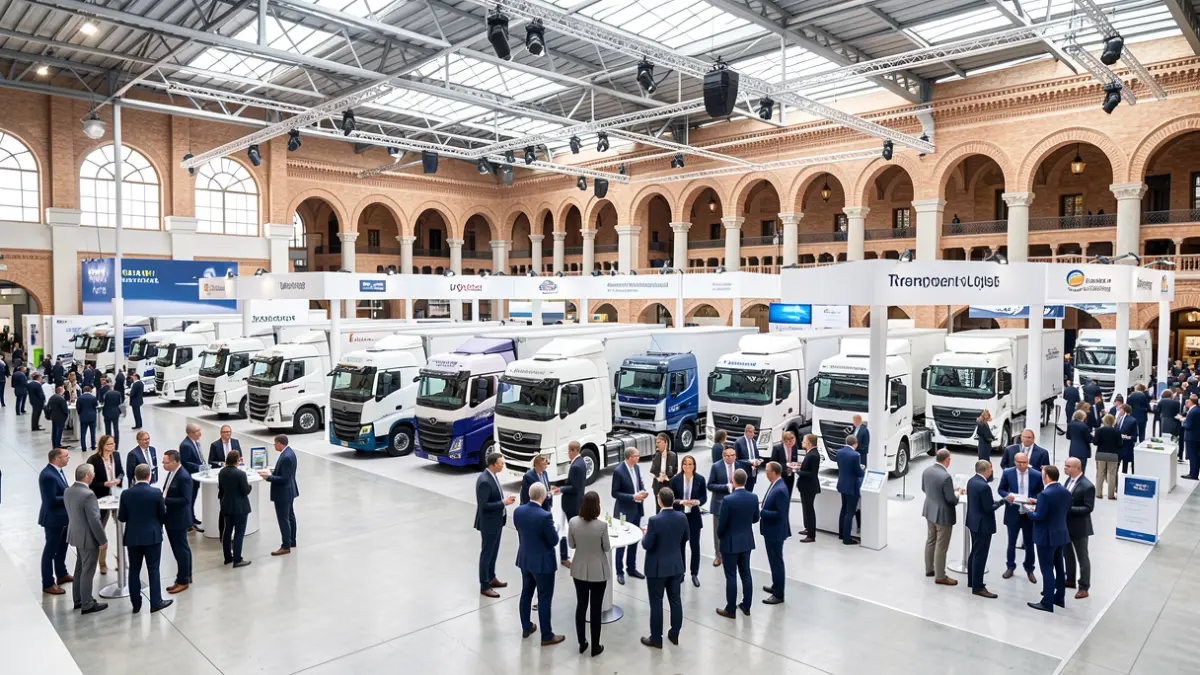 Image of a transport professionals' meeting with trucks and industry professionals in an exhibition hall.