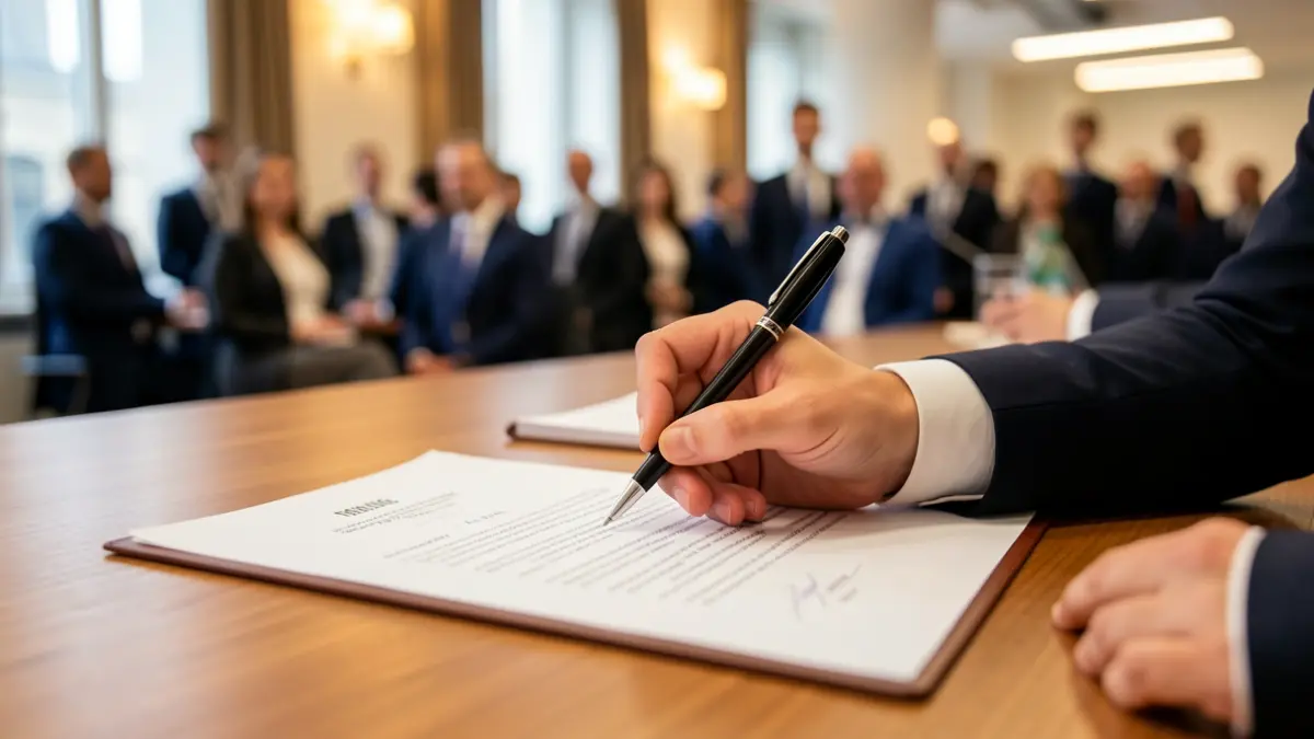 Imagen genérica de una mano firmando un documento oficial en una mesa de despacho.