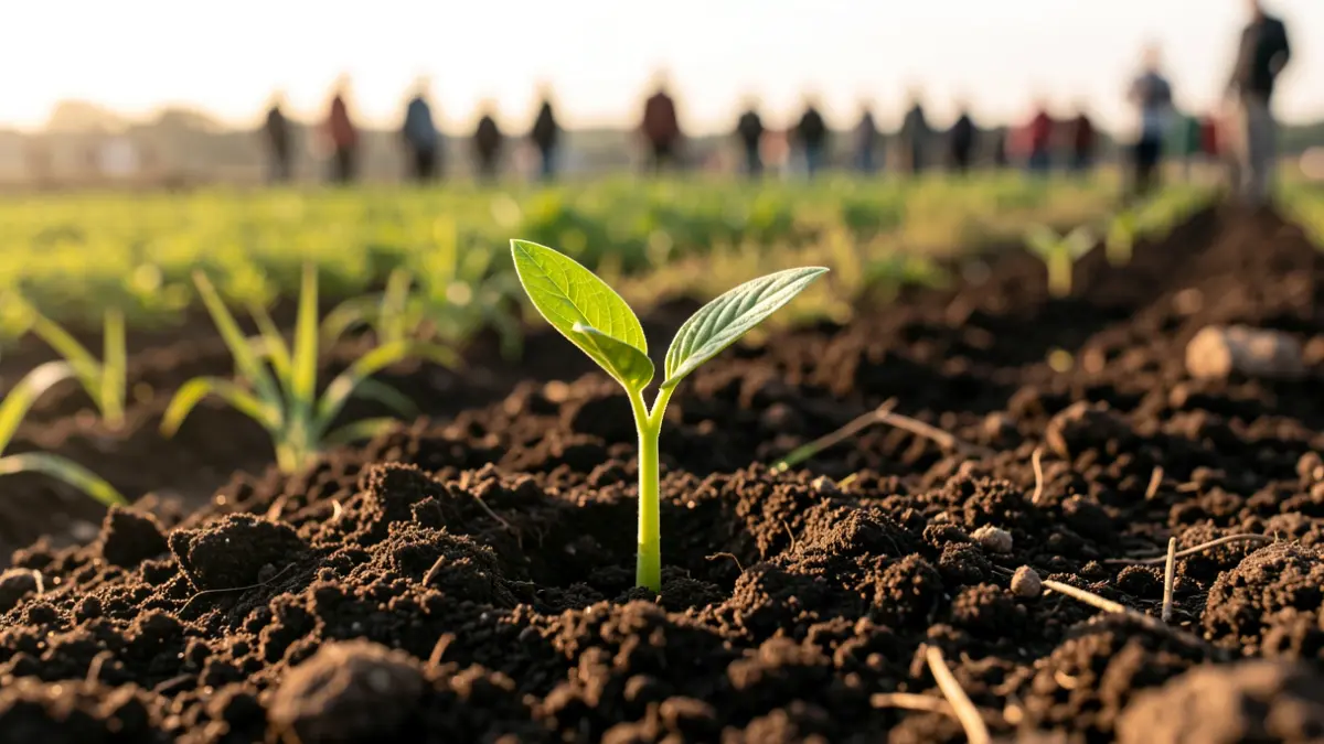 Imagen genérica de un brote verde emergiendo de la tierra, simbolizando la innovación agrícola.