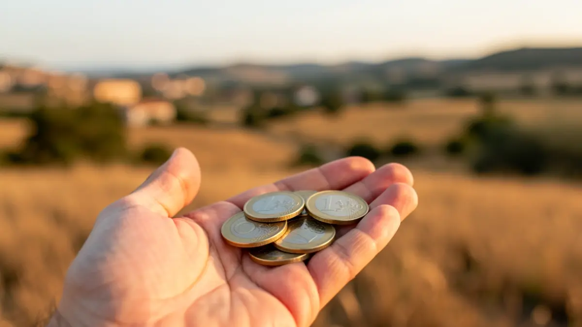 Hands holding euros with a rural landscape of the Comunidad de Madrid in the background.